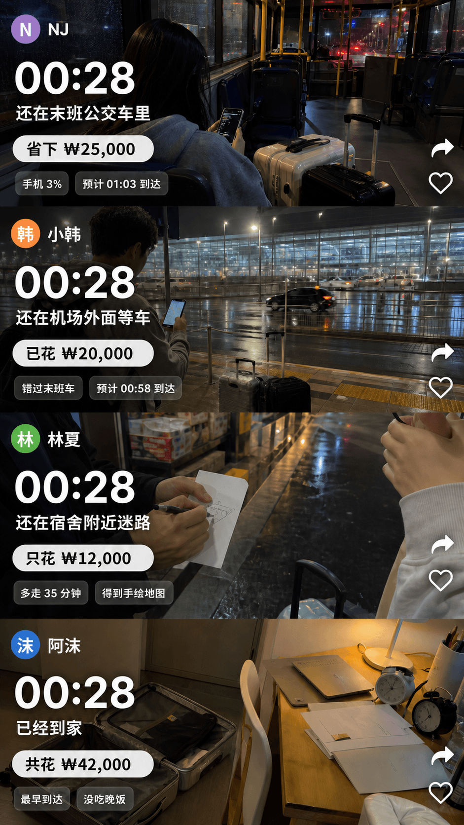 四位玩家在同一时间经历不同韩国第一晚结果：有人仍在公交车上，有人在等车或迷路，也有人已经到达宿舍。
